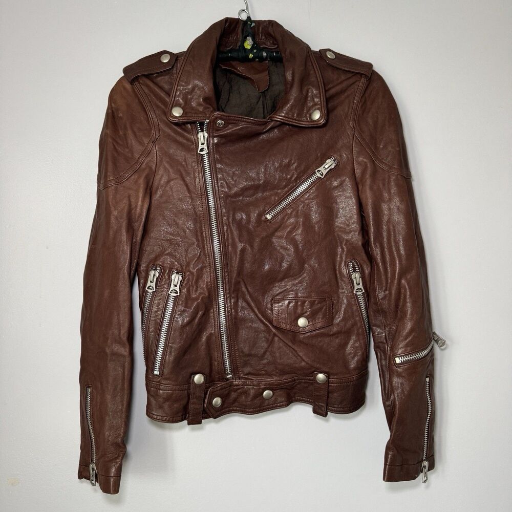 Brown Leather Zip Up Cropped Moto Jacket Acne Studios Style Sz M Fall Grunge